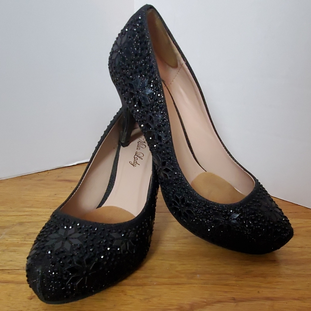 Sparkly Black Showgirl Burlesque Pump Heels Size 8